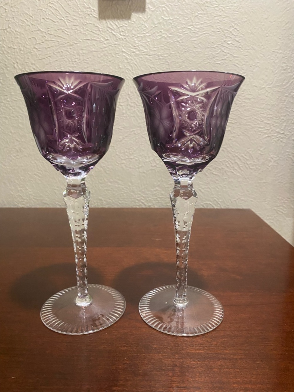 Vintage, Set of 2, Amethyst Purple, Cut to Clear (port) Wine Glasses